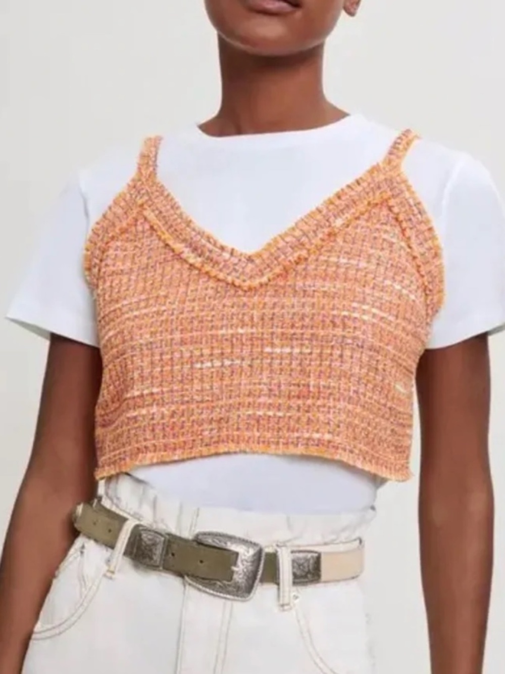 Maje Orange Tweed Cropped V‑Neck Tank - 1 (Medium)